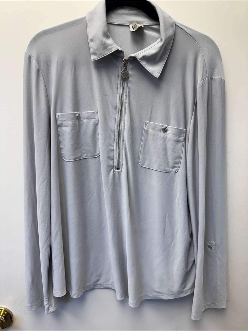 Anne Klein Pale Gray Long-Sleeve Zip Polo Blouse
